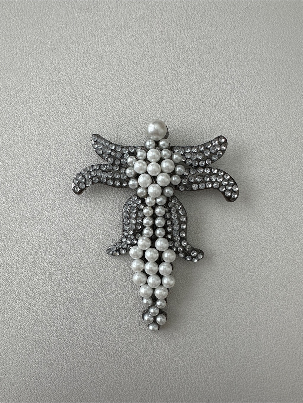 Rhinestone and Pearl Floral Drop Brooch - Silver and White